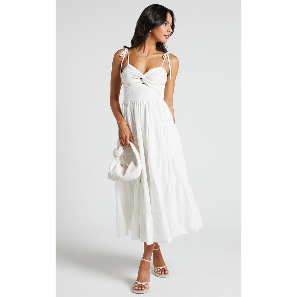 New Showpo Leticia Midi Dress Twist Front Tie Strap Tiered Dress Size Medium - Picture 4 of 12